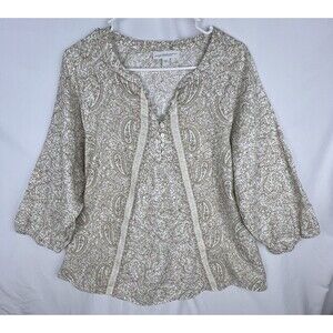 J.JILL PURE JILL Top Women L 100% Organic Cotton Cream Brown Floral Peasant Boho